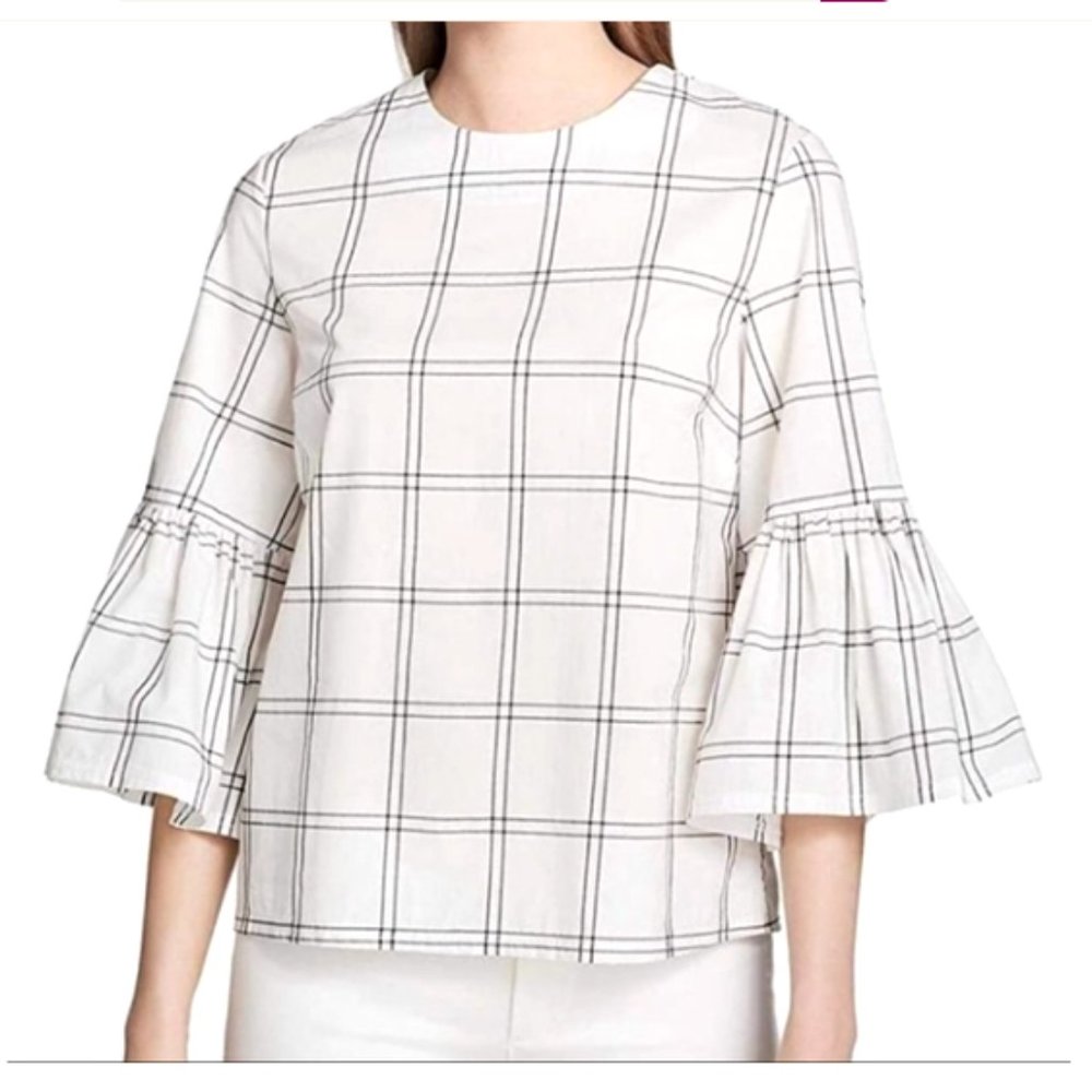 Calvin Klein Women's White & Black Plaid Bell Sleeve Blouse - Size S